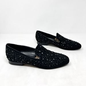 [Donald Pliner] Black Lynn Studded Leather Square Toe Notched Loafer Flats 9.5
